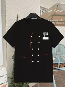 Chef Badge Print Men's T Shirt Casual for Daily Wear Red Line Diamond Buttons Style Light Colored Brick Wall Background Perfect for Casual Gatherings, PLUS SIZE