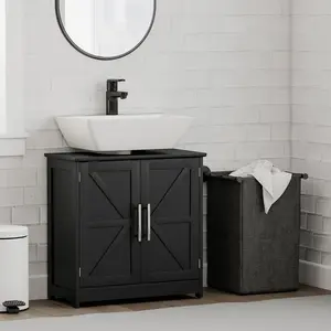 Farmhouse Pedestal Sink Storage Cabinet with 2 Barn Doors Adjustable Shelf Distressed Black 23.6" L x 11.8" W x 23.6" H Anti-Tipping Design for Bathroom Organization