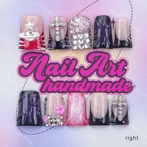 Delicatething Y2K Style Duckbill Nail Set, Handmade Wearable Nails, 4 Sizes XS-S-M-L, Flowers, Stars, Crosses, Nail Charms, 3D French Design, Perfect Gift