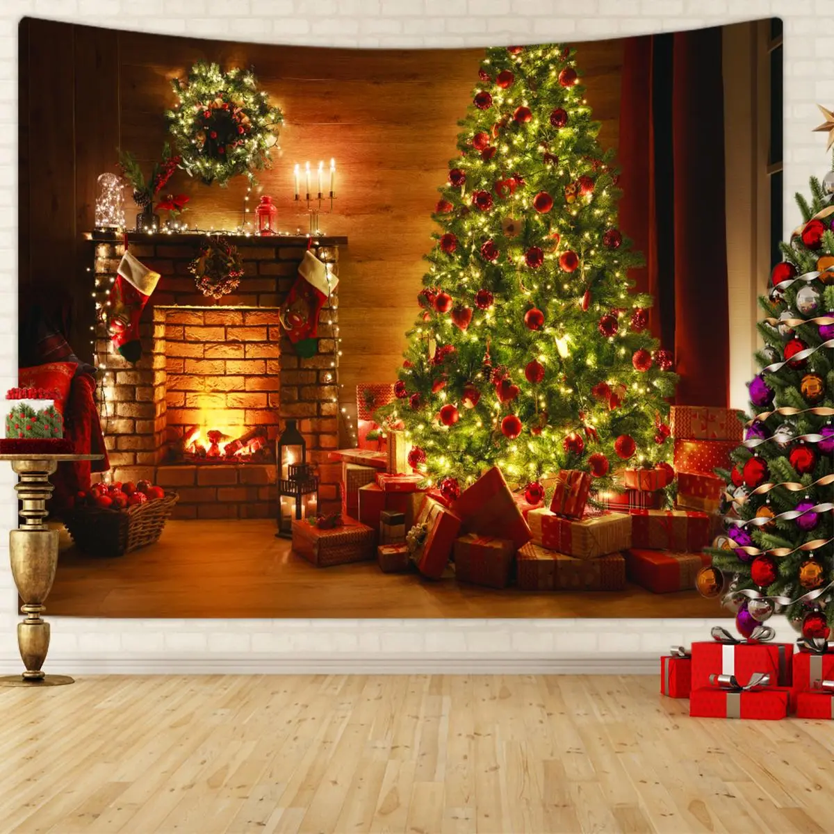Christmas Fireplace Pattern Tapestry, 1 Count Christmas Tree Background Banner Tapestry,  for Home Festival Party Decoration Background Tapestry