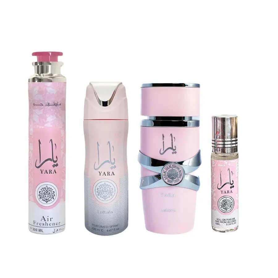 Lattafa Yara Eau De Perfume 3.4FL.OZ , Deodorant 6.67oz, Air Freshener 10oz & Roll-on 10ml Combo sets for Women Women's Yara Fragrance Set