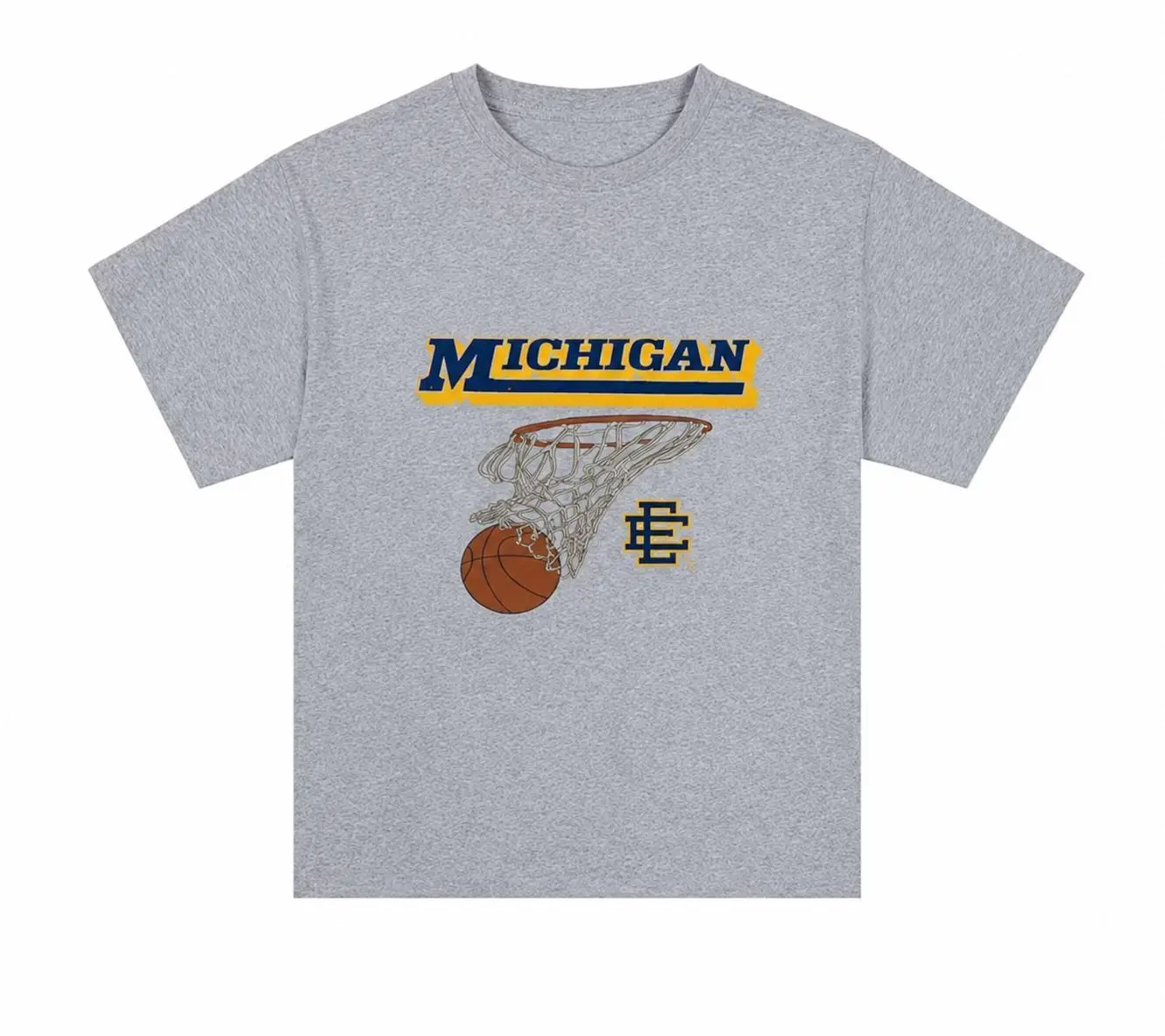 Men's Short-Sleeve Unisex Michigan Basketball Graphic Cotton Tee - Vintage College Sports Streetwear Grey Hoop Shirt