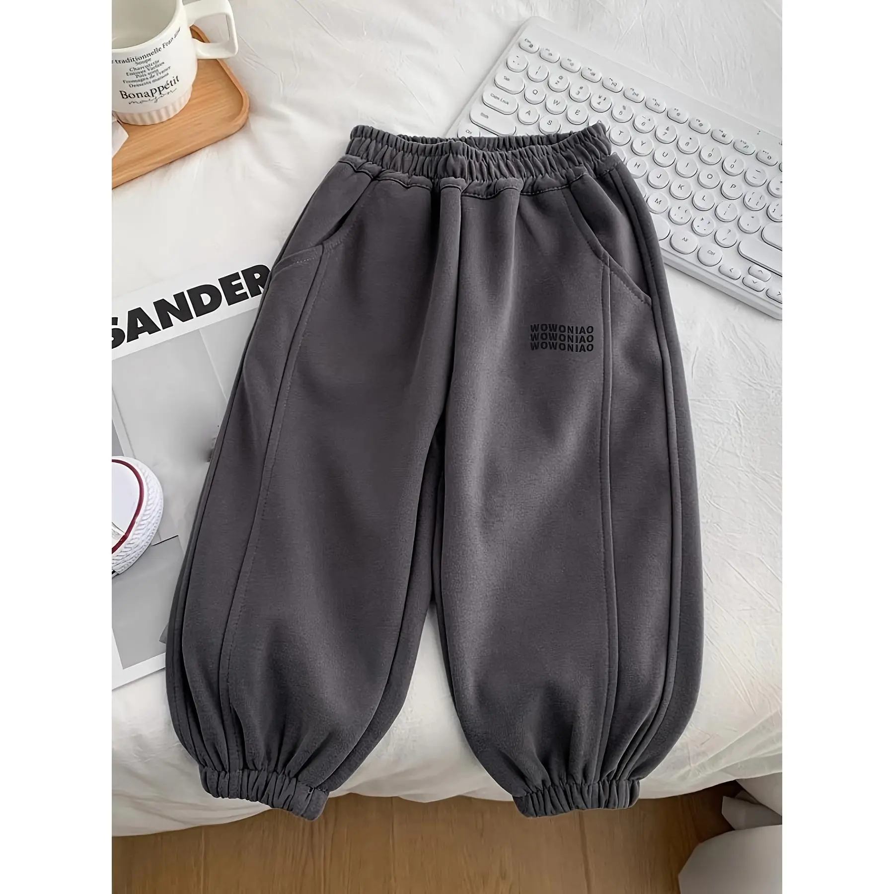 Toddler Boys' Graphic Cotton Sweatpants, Casual Spliced Bottoms with Alphabet Print and Elastic Waistband for Spring & Autumn, 1-2Y, Full Length, Graphic Detail, Loose Cut, Spliced Design
