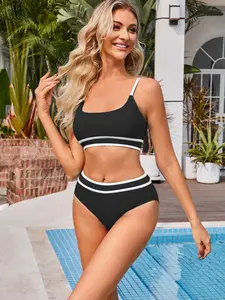 Women's Striped Swimsuit Set, Casual Swim Top & Swim Bottom Two-piece Bikini Set for Beach Holiday Vacation, Ladies Summer Clothes