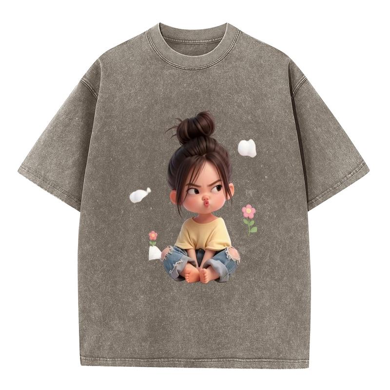 Women's Plus Size Comfortable Soft Moody Chibi Girl Flower Graphic Cotton Tee - Oversized Vintage Washed Crewneck Short Sleeve, Kawaii Aesthetic Beach Casual Tops for Women with Great Fit