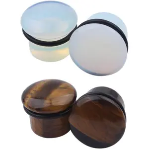2 Pairs Set Opalite Moonstone Tiger Eye Ear Single Flare Gauges Plugs Expander Stretcher Tunnels with O-Ring  Stone    6G 4G-16mm