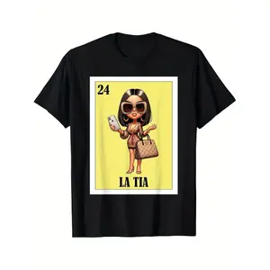 Funny Mexican La Tia Graphic T-Shirt - Aunt Fresa Version with Cartoon Character & Phone Design - 100% Cotton Regular Fit High Neck Casual Tee for Adults - Family Matching Gift for Holidays, Birthdays, 4th of July, Mexican T Shirt