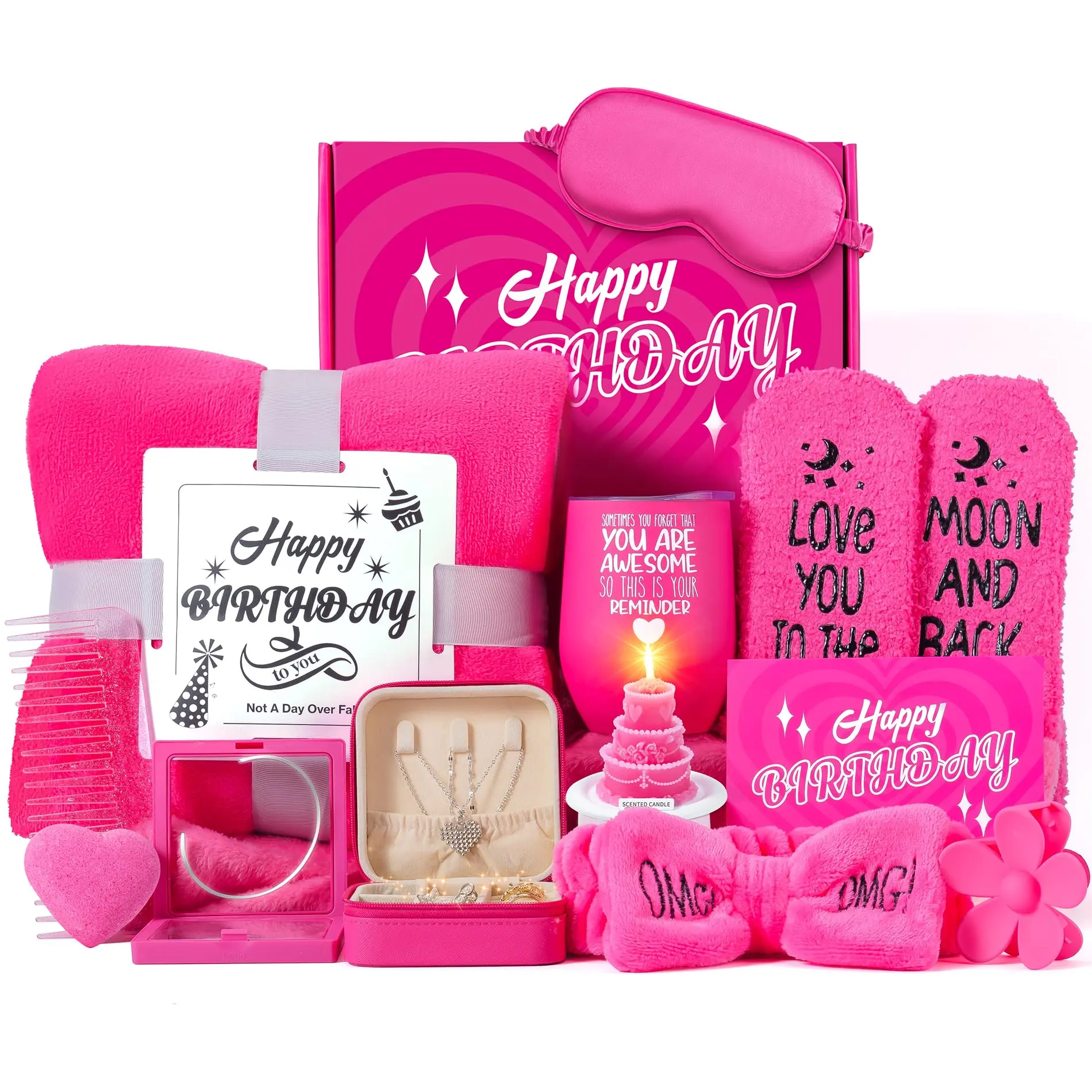 Birthday Gifts for Women, 13PCS Relaxing Care Package for Women, Pink Self Care Gift w Luxury Flannel Blanket, Unique Happy Birthday Gift Idea for Mom Her Best Friend Sister Wife Girlfriend Thanksgiving gifts