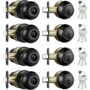 4 Pack Entry Door Locksets with Deadbolt, Keyed Unlike, Matte Black Exterior Door Knobs with Single Cylinder Deadbolt, Stainless Steel Front Door Handle Sets for Rental Properties & Offices