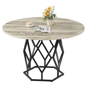 [ TABLE ONLY ] Round Dining Table for 4-6 People, 47 Inch Farmhouse Kitchen Table, Modern Circle Dinner Table with Sturdy Iron Base, Industrial Wood Dinning Room Table for Kitchen