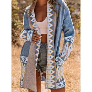 [Aztec Print Knit Cardigan] Vintage Open Front Aztec Print Knit Cardigan - Long Sleeve Sweater for Women Knitwear Womenswear Tops Casual Fabric Pocket
