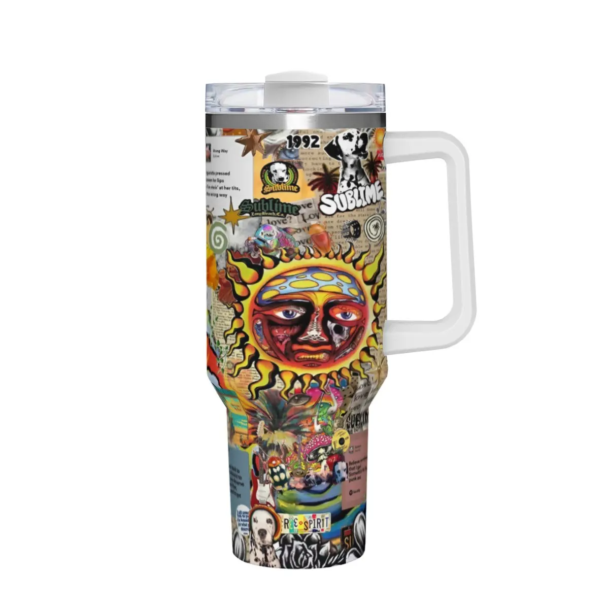 Retro Surf Hippie Tumbler with Multicolor Sun Wave Floral Collage Design and Scrapbook Patchwork Graphic, Insulated Travel Mug with Anti-Slip Handle for Summer Vibes and Daily Commute