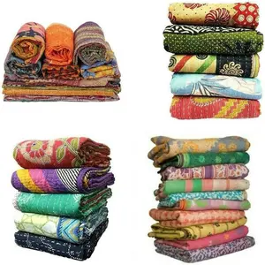 Indian Tribal Kantha Quilts Vintage Cotton Bed Cover Throw Old Sari Made Assorted Patches Blanket (55X85 Inches) Twin Size