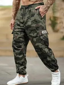 Men's Camo Print Casual Sweatpants, Drawstring Waist & Ankle Tie, Multi-Pocket Design, Fitted, All Seasons, Gym, Running, Daily Wear, Camouflage Sweatpants