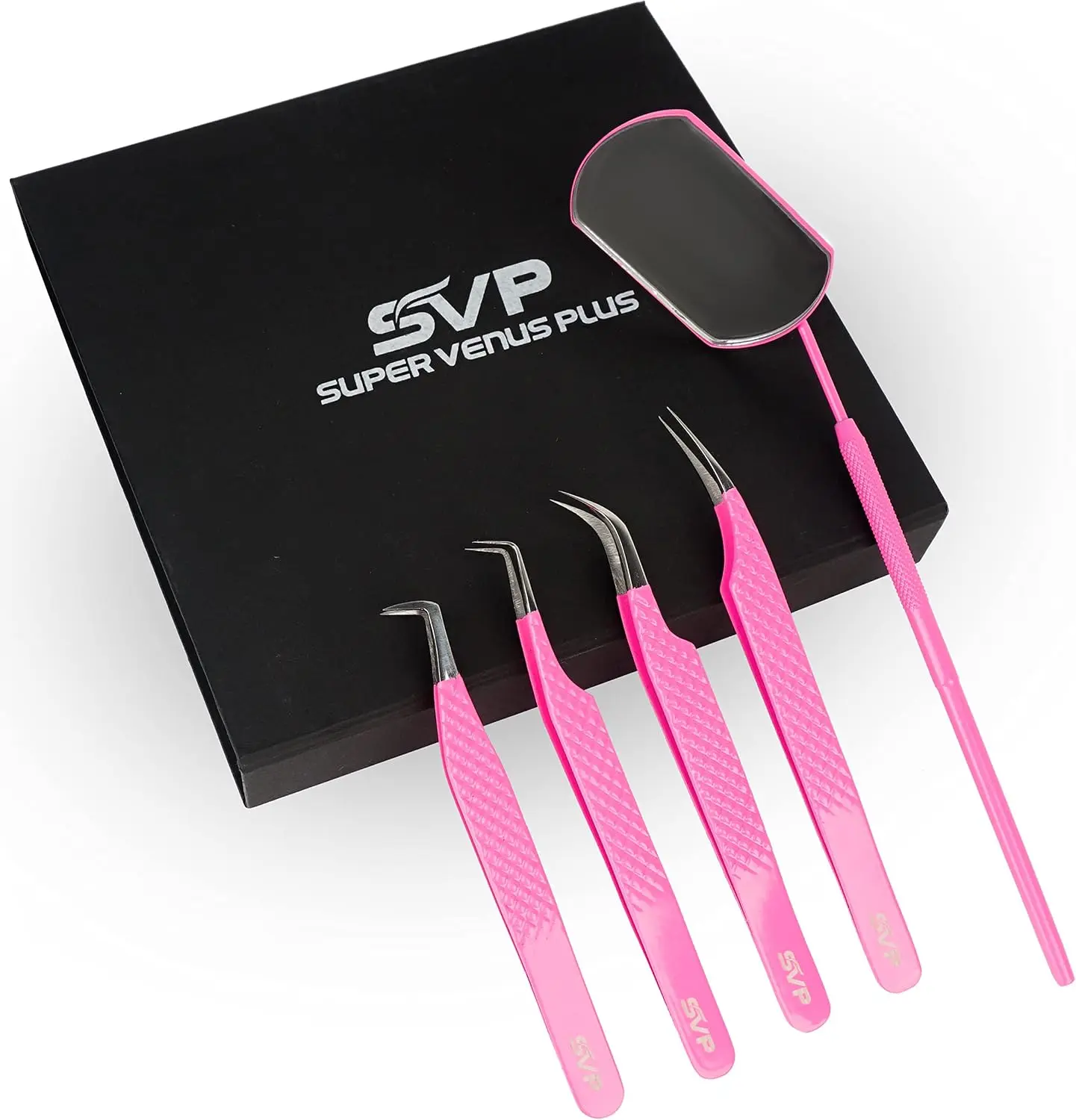 SV Fiber Tip Lash Tweezers For Eyelash Extensions With Diamond Grip, Professional Lash Tweezers Set of 5 - Precise Tips Japanese Steel for Classic, Volume & Mega Volume Lashes with Travel Case Box
