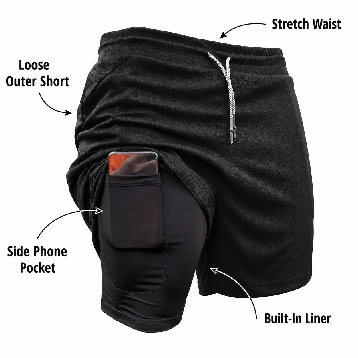 Men’s 2-Pack Double Layer Gym Shorts, Athletic Running Workout Shorts with Built-in Liner, Phone Pocket & Drawstring Waist