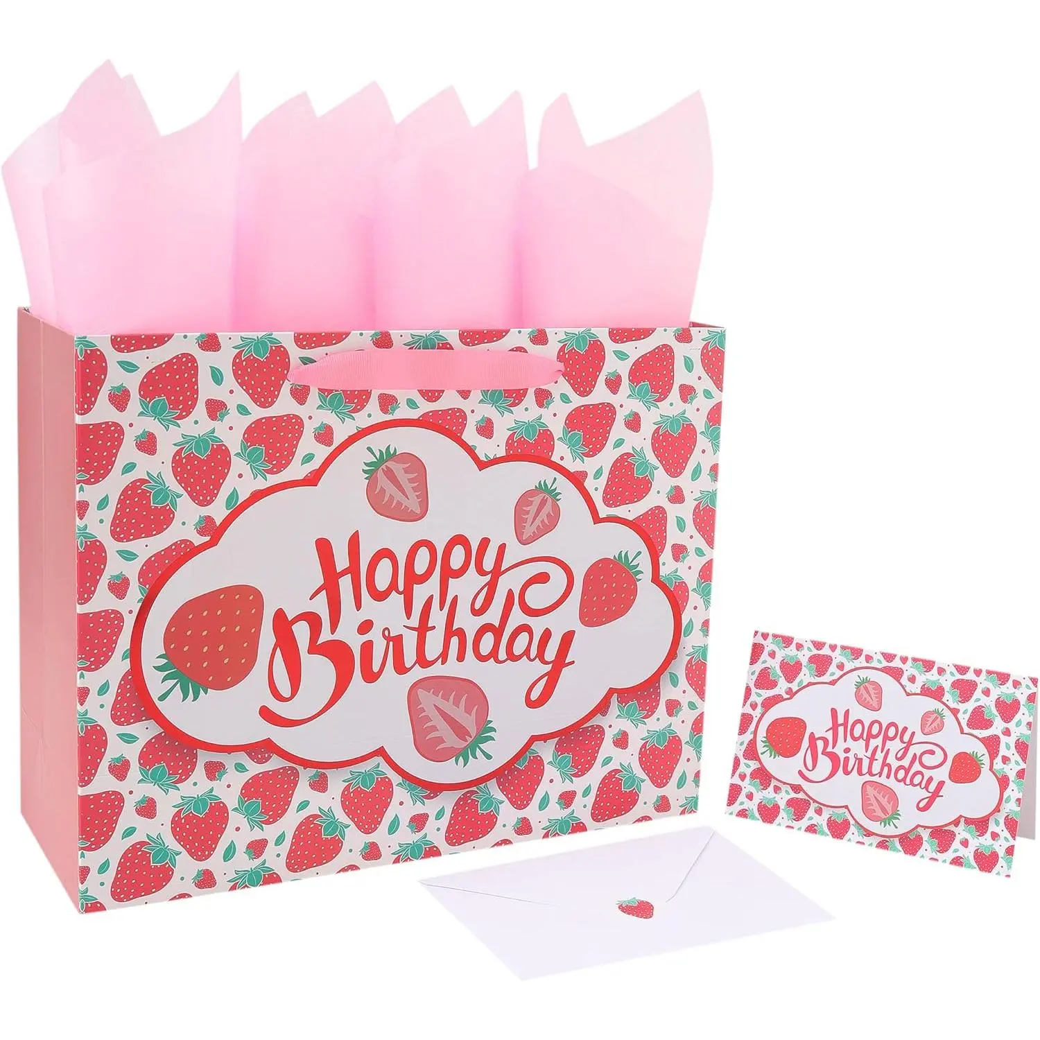 13" Large Strawberry Print Decorative Birthday Gift Bag Set - Sustainable Eco-Friendly Synthetic Handle Bag, Greeting Card, Tissue Papers, Stickers, for Female Teens & Friends (1 Count), Happy Birthday, 13”L X 10.2”H X 5.2”D