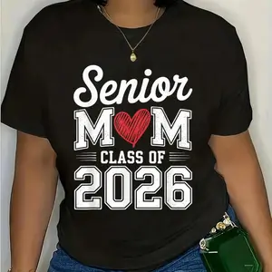 Senior Mom Class Of 2026 Vintage Distressed T-Shirt 100% Cotton Soft Casual Women's Plus Size Graduation Short Sleeve Graphic Tee