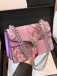 Niche Retro Design Fashionable Shoulder Crossbody Chain Bag, Metal Lion Head Lock Design, Unique Personality, Double Chain Messenger Small Square Bag, Multiple Colors Available, Suitable for Shopping, Attending Parties, Etc., Fashion Purses