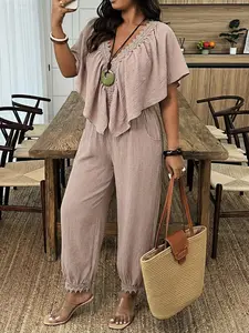 Plus Size Women's Casual Boho Bohemian Vacation Plain Batwing Sleeve Jumpsuit, Womenswear, Pocket Design, Comfortable Fashion, Daily Wear, Loose Fit, High Waist, Stylish Jumpsuit
