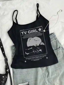 Women's Graphic Print Camisole Top, Fitted Jersey Thin Strap, Sexy Fashionable American Style, Trendy Casual Wear