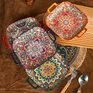 Bohemian Ceramic Salad Plate, Dual Handle Baking Dish, Oven & Microwave Safe, Vibrant Floral Design, Perfect for Pasta, Aesthetic Tableware, Salad Serving Plates