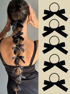 Women's Fashion Cute Bow Ruffled Bowknot Hair Tie Set, 5 Pieces Daily Ponytail Holder, Ponytail Hairstyle, Ladies' Hair Accessory Gift, Autumn Hair Clips Elastic Bands