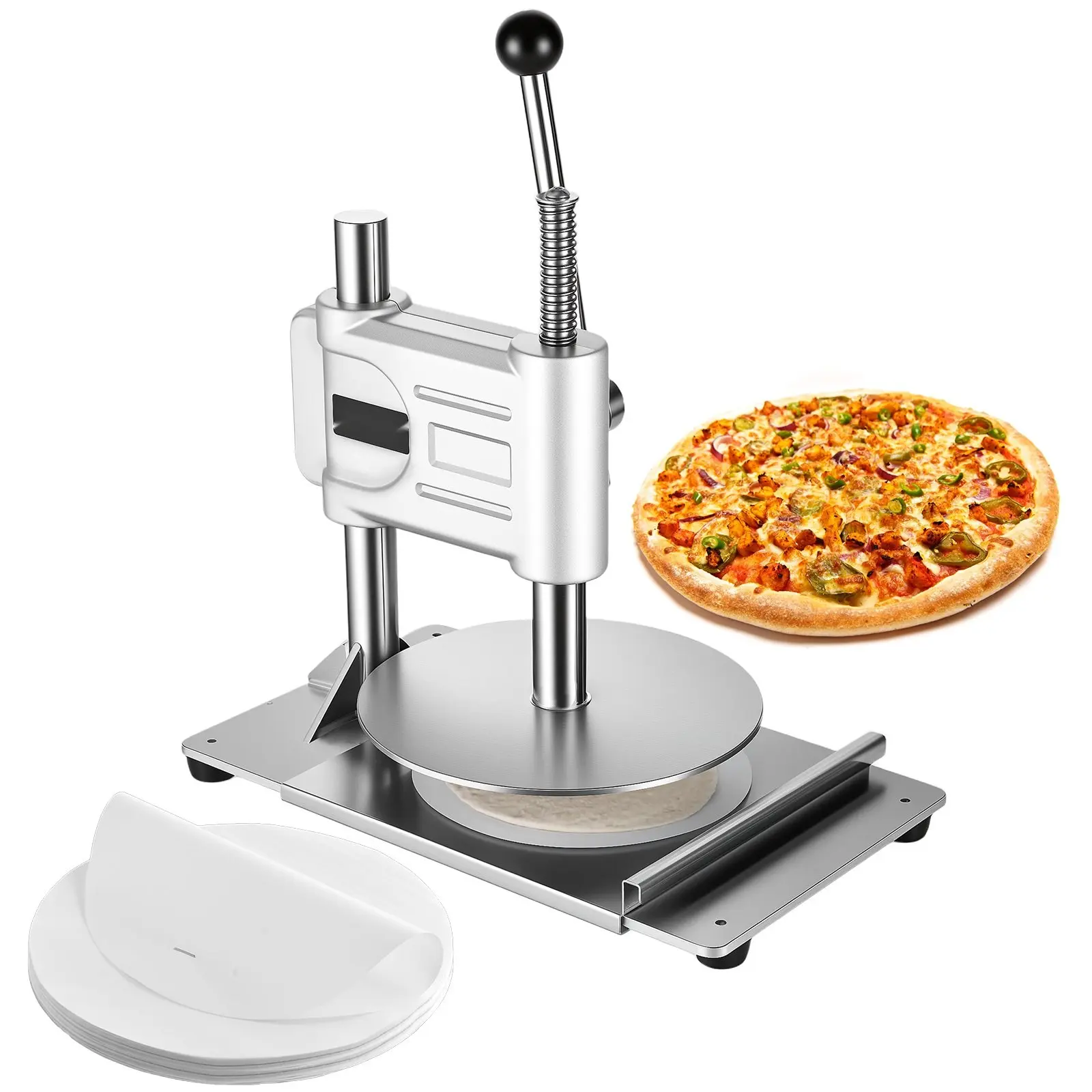 9.5-Inch Manual Pizza Dough Press Machine For Flat Pizza Crust And Pastry Sheet Rolling, Stainless Steel Construction, Hand Crank Dough Sheeter, Kitchen Tool For Home Bakers, Easy To Use, Clean And Durable