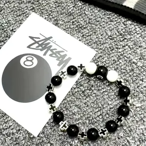 Billiard player bracelet, black 8 couple's metal cross bracelet, black 8 bracelet, black and white spliced bead bracelet