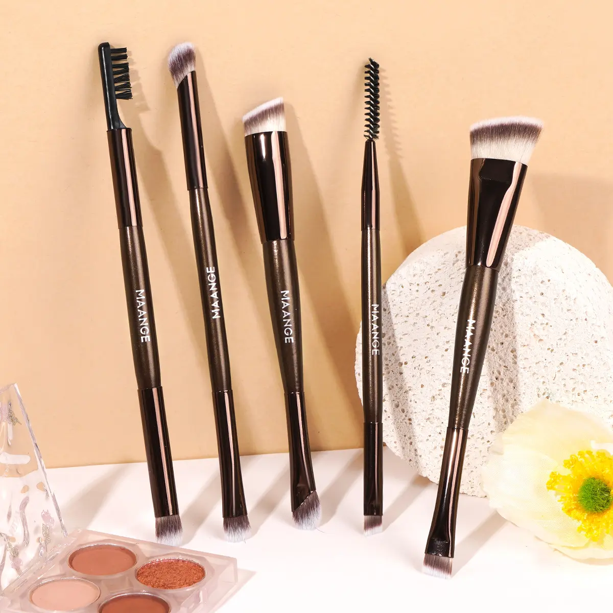 MAANGE 5pcs Double-ended Makeup Brush Set, Makeup Brushes Kits, Beauty Brush Set, Eyebrow Brush & Blending Brush, Nose Shadow Brush & Small Eyeshadow Brush, Foundation Brush & Eyeliner Brush, Eyelash Brush, Cosmetic Brush Set