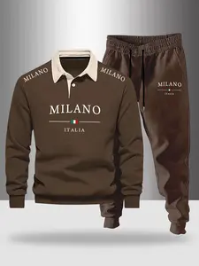 Men's Milano Letter Print Half Button Hoodie + Drawstring Pants Set, Casual Outdoor Long Sleeve Top, Spring & Fall Fashion, Casual Outfit Set