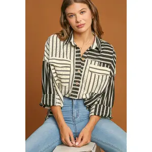 Umgee Full Size Pointelle Stripped Half Button Collared Neck Top Plus Size