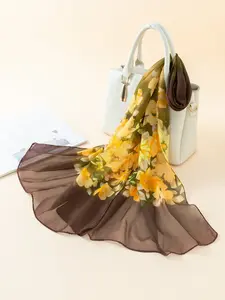 New Floral Print Chiffon Scarf for Women, Lightweight Long Shawl, Muslim Hijab, Sun Protection Beach Headscarf, All Seasons