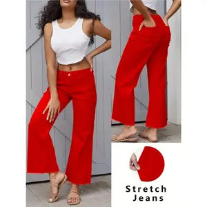 Women's White Button-Fly Wide Leg Pants -Heavy Stretch Low-Rise High-Waisted StraightLeg (No Bell-Bottoms), Solid Red All-SeasonStraight Leg Jeans with Belt Loops & ButtonClosure, Butt Enhancement for Casual & DressyOutfits