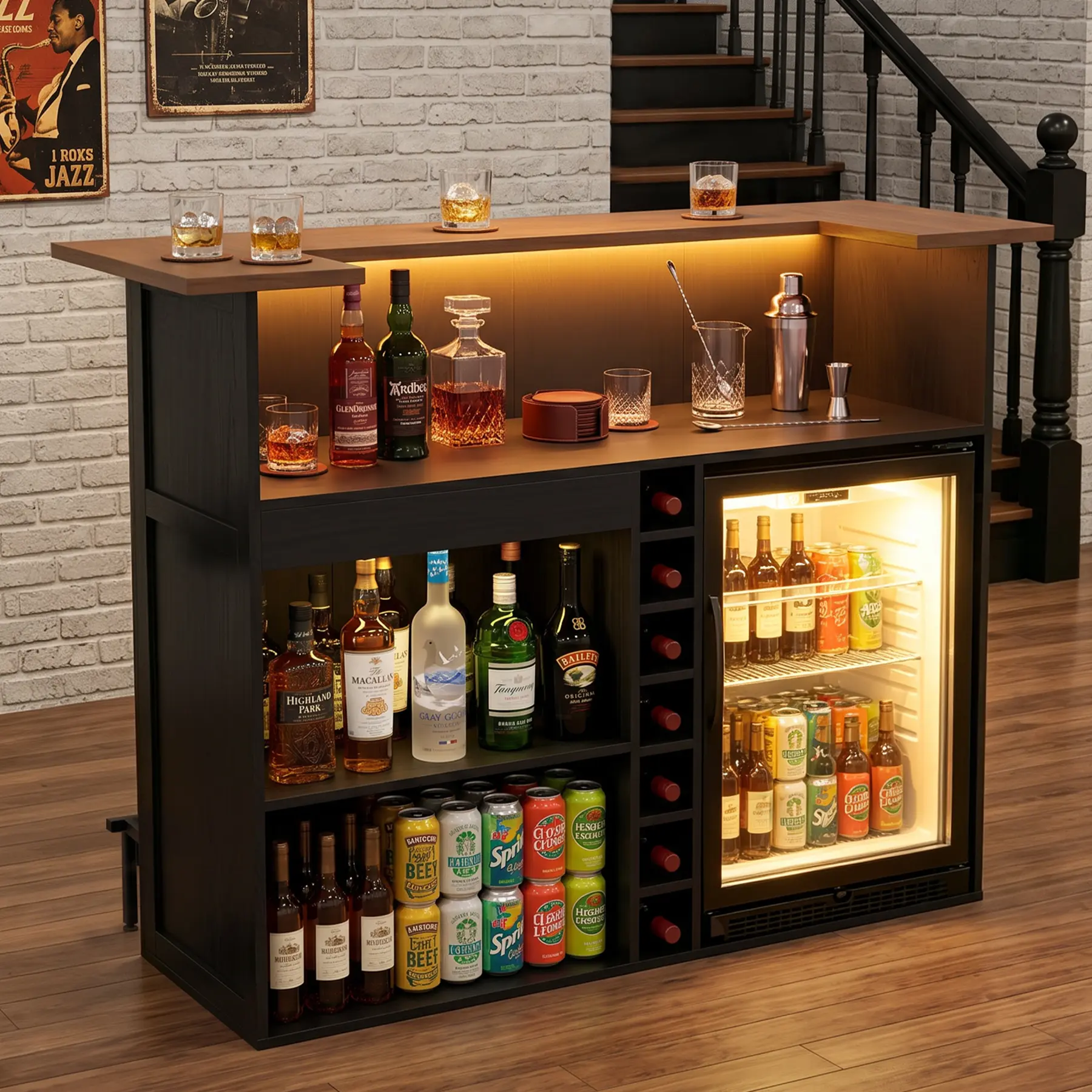 63-Inch U Shaped Home Bar Unit with Fridge Space & 24.3" Side Wings, Indoor Bar with LED Strip, Basement Bar Table with Stemware Racks & Drawer, Bar Furniture for Home (Black & Walnut)