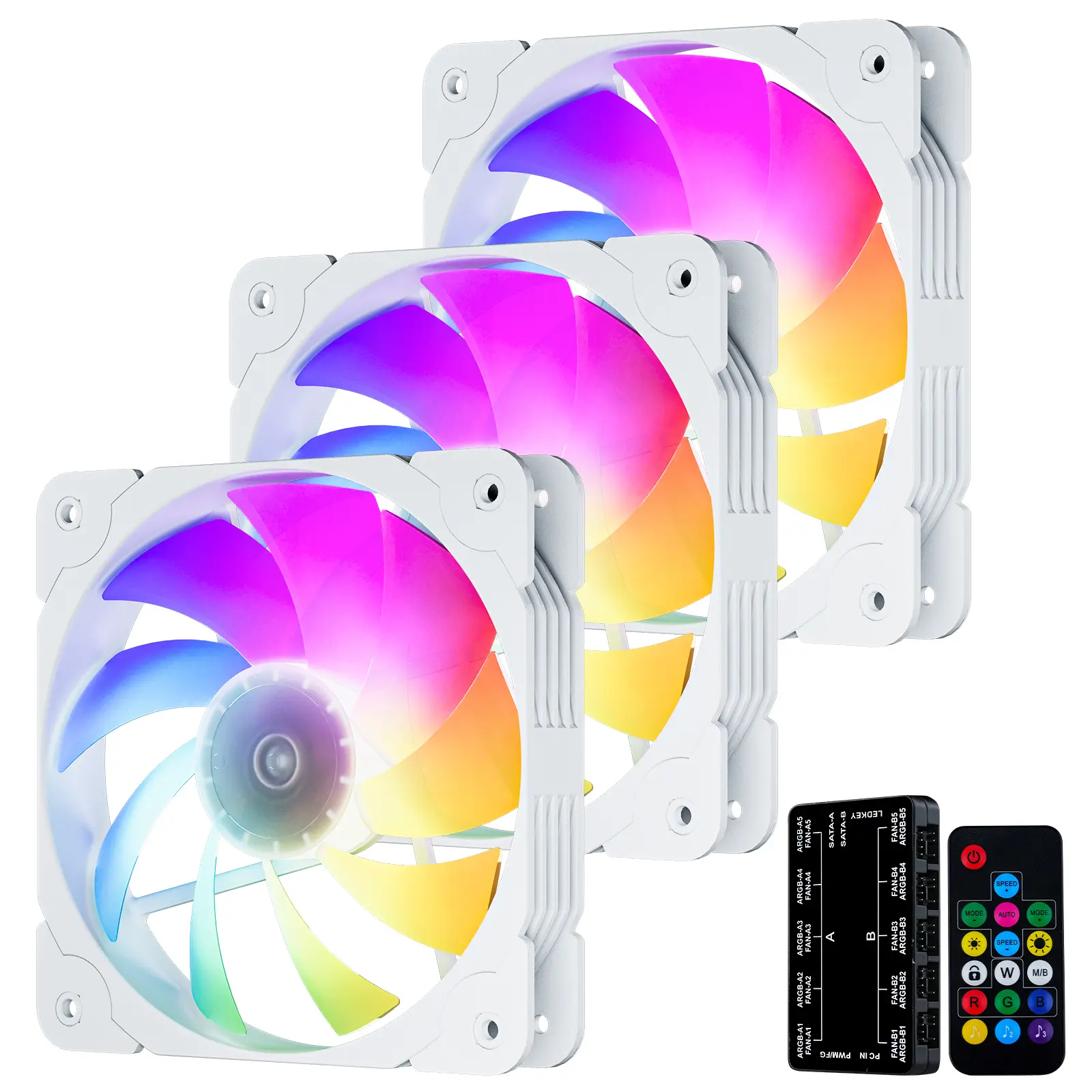 Vetroo SA-140 White 140mm ARGB Fan 3-Pack - PWM High-Performance Cooling with Motherboard Sync & Controller, Ultra-Quiet 1200 RPM Hydraulic Bearing for PC Case/CPU/Radiator