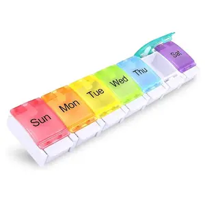 Portable Weekly Pill Organizer, Travel Medicine Box, Rainbow Color, BPA-Free, Convenient Button Design, for Pills, Vitamins, Supplements, Medications