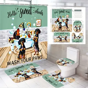 4pcs Dachshund Bath Time Shower Curtain Set with "Hello Sweet Cheeks" & "WASH YOUR PAWS" in Playful Mint Green, Perfect for Pet Lovers' Cozy Bathroom Decor, Includes Matching Toilet Seat Cover and Floor Mats Featuring Adorable Dachshunds in Bubble Bath
