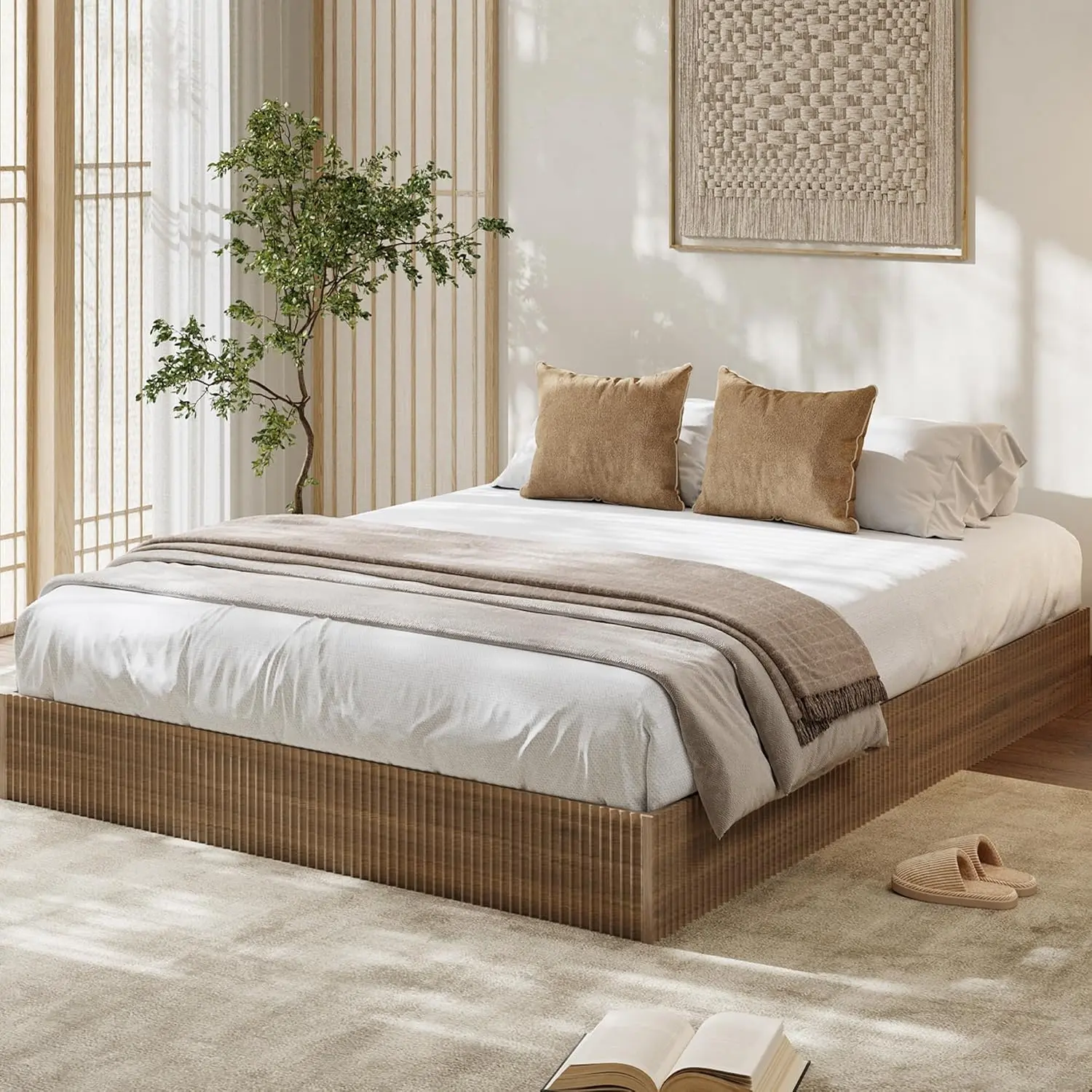 GAOMON Queen Bed Frame, Wood Platform Bed with Fluted Design, Low Profile BedFrame, Minimalist Bed Base with Noise-Free, Easy Assembly, No Box Spring Needed, Walnut Modern Sturdy