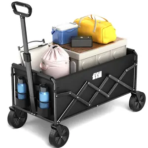 Collapsible Foldable Wagon, Folding Wagon with Wheel Heavy Duty with 180lbs Weight Capacity Lightweight Utility Camping Cart for Groceries Garden Beach Sports Fishing (Black)