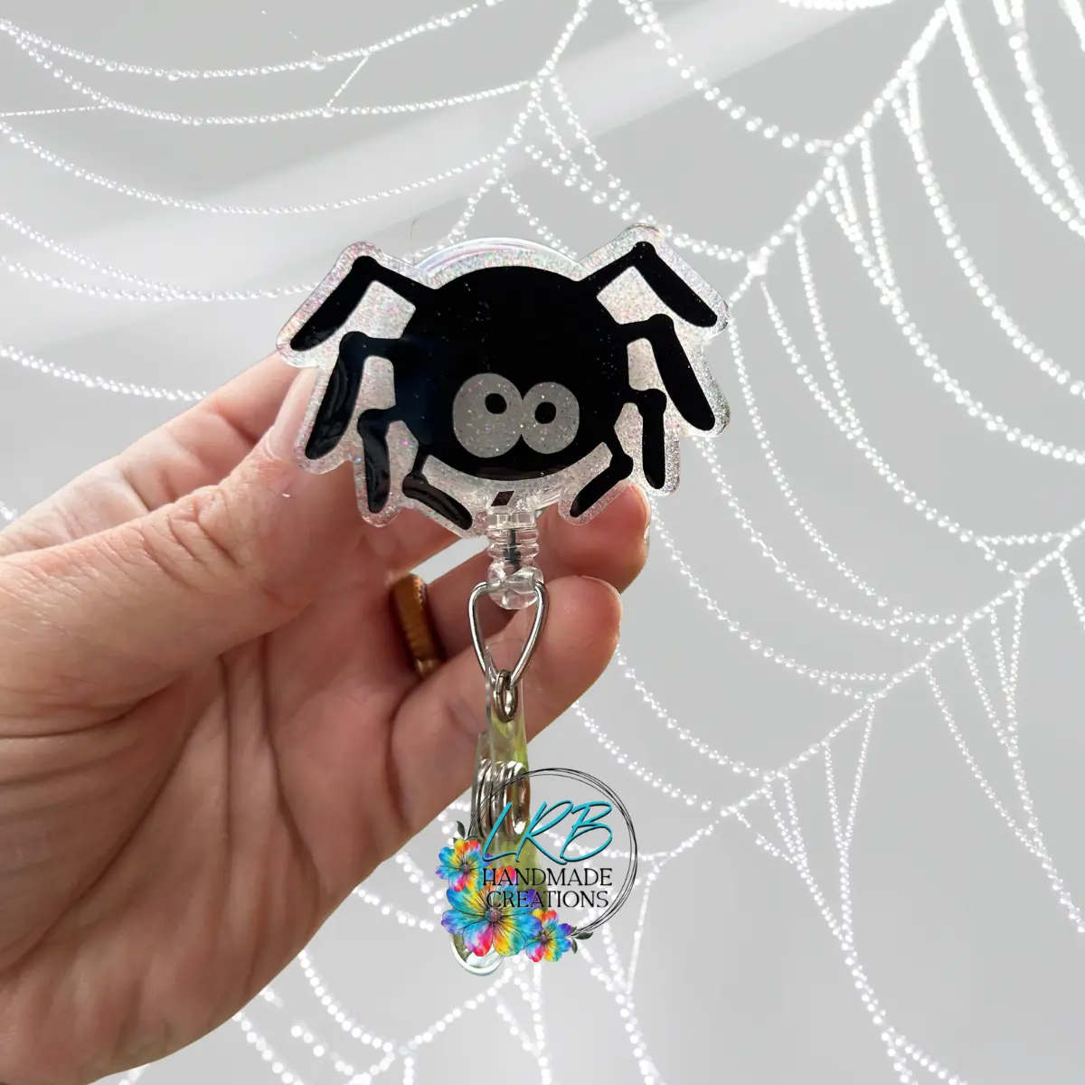 Spider Badge Reel – Glow in the Dark Halloween Badge Holder – Glitter Retractable ID Holder – Handmade Spooky Fall Gift - Teacher Lanyard - Nurse, Teacher, Office Accessory - Handmade Gift for Teachers, Nurses, & Office Staff