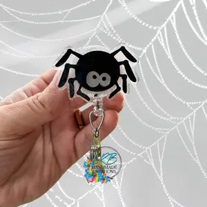 Spider Badge Reel – Glow in the Dark Halloween Badge Holder – Glitter Retractable ID Holder – Handmade Spooky Fall Gift - Teacher Lanyard - Nurse, Teacher, Office Accessory - Handmade Gift for Teachers, Nurses, & Office Staff