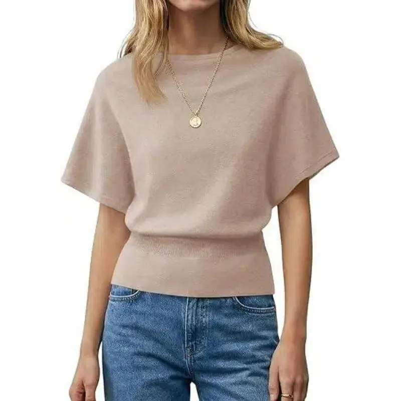 Women's Plain Knit Top - Round Neck, Batwing Sleeves, Medium Length, Minimalist Basic Stylish Casual Blouse with Unique Shape for Daily Wear, Wardrobe Staples, Lady