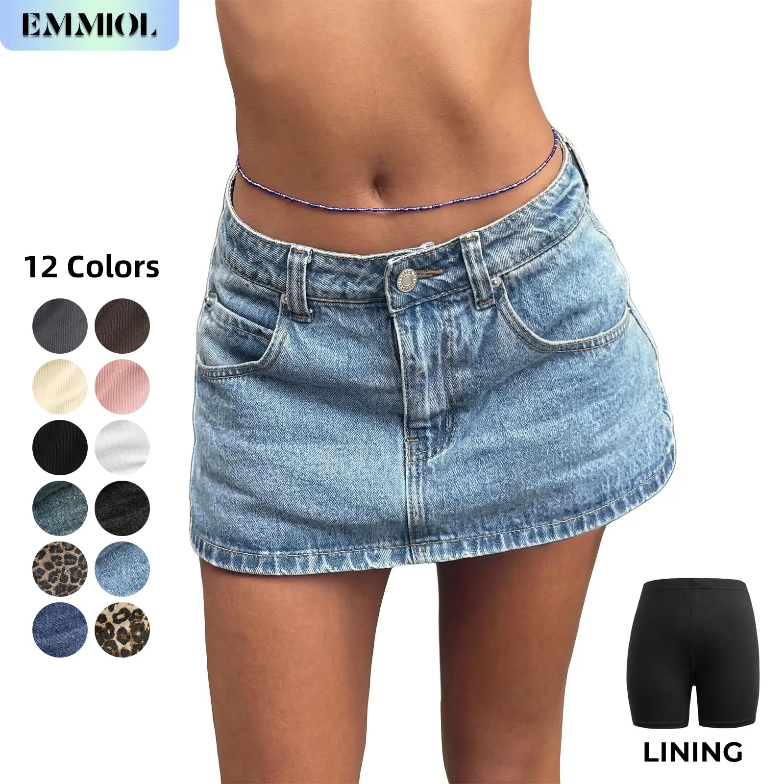 EMMIOL Low Waist Denim Skirt Skorts Mini Denim Shorts Bodycon Mini Jean Skirt Vintage Y2K Skirt for Women - Casual Style Regular Fit Above Knee Cotton Material Multi Belt Loops Chic Womenswear Machine Washable Summer vibes SohoChic【Back to School】