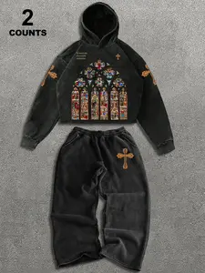 Men's Graphic Hoodies Set, Retro Style Fitted Short Sleeve Sweatshirts, High-Quality Washed Cotton Fabric, Trendy Summer Streetwear