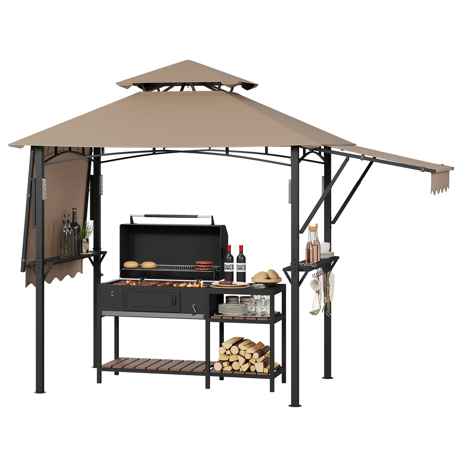Heavy Duty 8x5 ft Grill Gazebo for Outdoor BBQ – Double-Tier Steel Patio Shelter with Adjustable Dual Side Awnings, 2 Utility Shelves, Hooks, Ceiling Light Hook – Backyard, Lawn, Garden