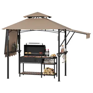 Heavy Duty 8x5 ft Grill Gazebo for Outdoor BBQ – Double-Tier Steel Patio Shelter with Adjustable Dual Side Awnings, 2 Utility Shelves, Hooks, Ceiling Light Hook – Backyard, Lawn, Garden