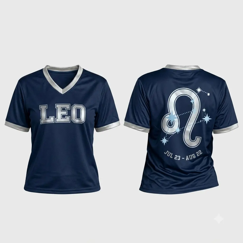 LEO | Navy Zodiac V-Neck Soccer Jersey Shirt - Unisex Athletic Varsity Top with Silver Constellation Graphic, Fabric Tee, 12 Horoscope Signs Gift for Men Women