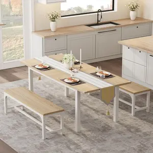 47.3''-63'' Extendable Rectangular Dining Table for 4, Modern Farmhouse Large Kitchen Table with 2 Benches, Space-Saving Dining Room Furniture for Apartments, Small Spaces