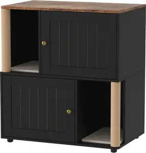 Double Layer Cat Litter Box Furniture, 2 in 1 Hidden Litter Box Furniture with Scratching Post and Litter Mats, Wooden Corner Cabinet Cat Washroom Bed